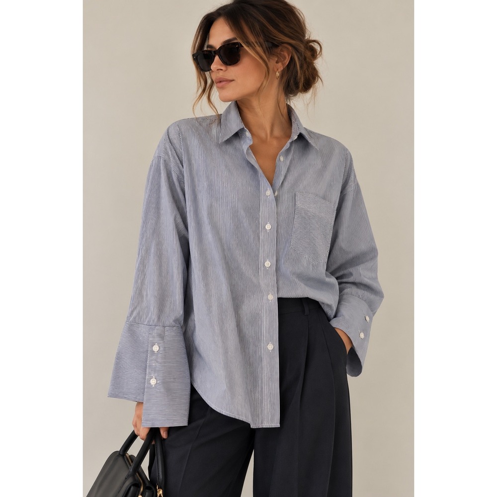 Laundry by Shelli Segal Blue Pinstripe Cotton Oversized Button Down Shirt L